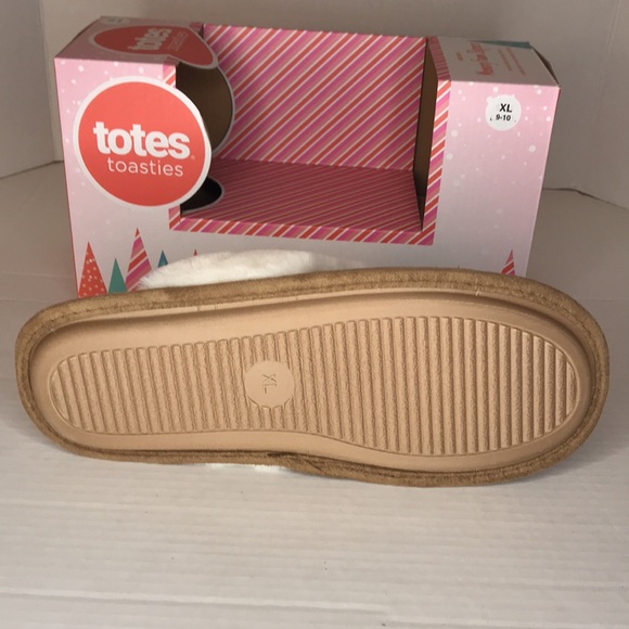 NIB TOTES TOASTIES SLIP ON SLIPPERS FAUX FUR TAN WOMENS XL 9-10 MEMORY FOAM - Picture 8 of 8